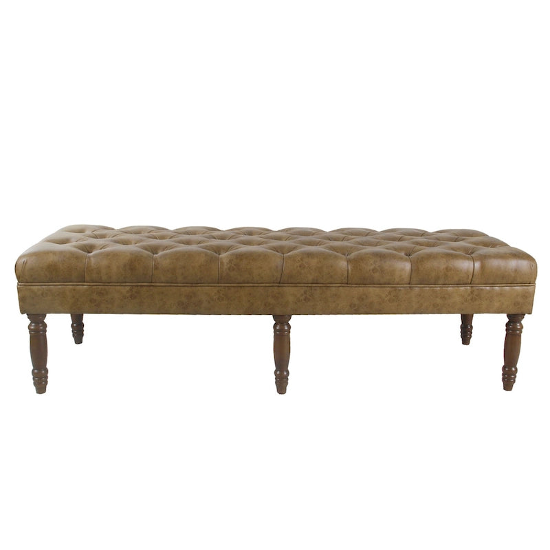 Banc long classique capitonné en similicuir coloris amande, pieds en bois, 6 points de support, bout de lit