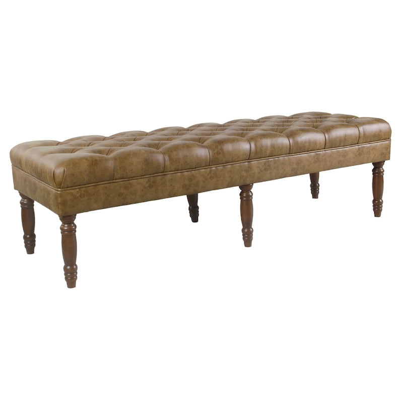 Banc long classique capitonné en similicuir coloris amande, pieds en bois, 6 points de support, bout de lit