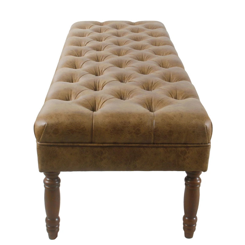 Banc long classique capitonné en similicuir coloris amande, pieds en bois, 6 points de support, bout de lit