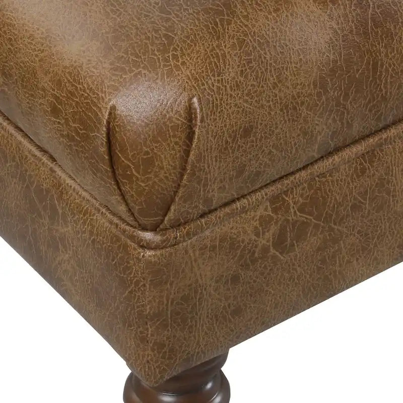 Banc long classique capitonné en similicuir coloris amande, pieds en bois, 6 points de support, bout de lit
