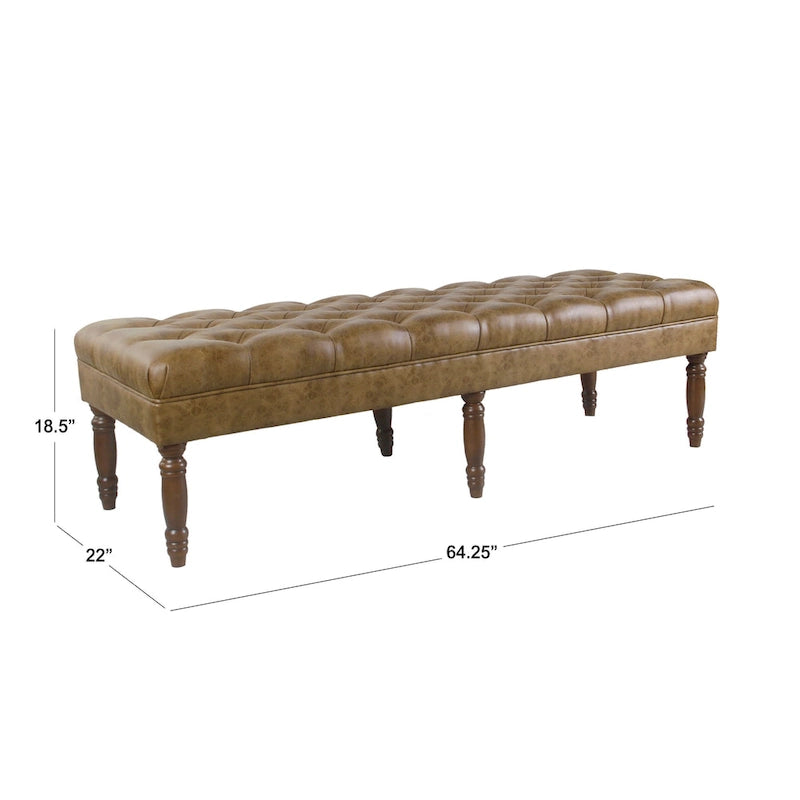 Banc long classique capitonné en similicuir coloris amande, pieds en bois, 6 points de support, bout de lit