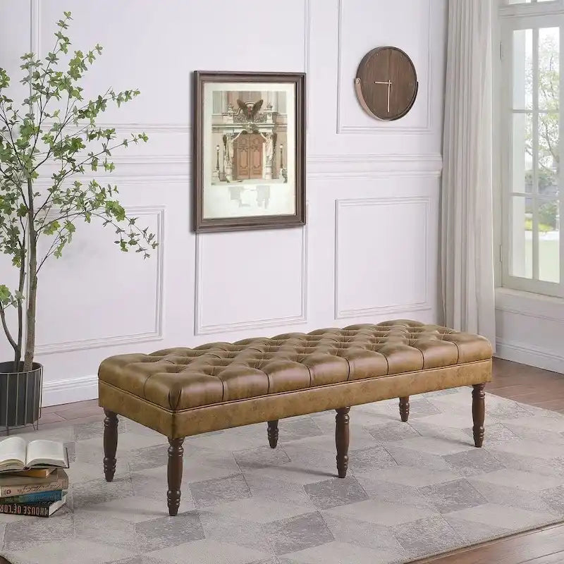 Banc long classique capitonné en similicuir coloris amande, pieds en bois, 6 points de support, bout de lit