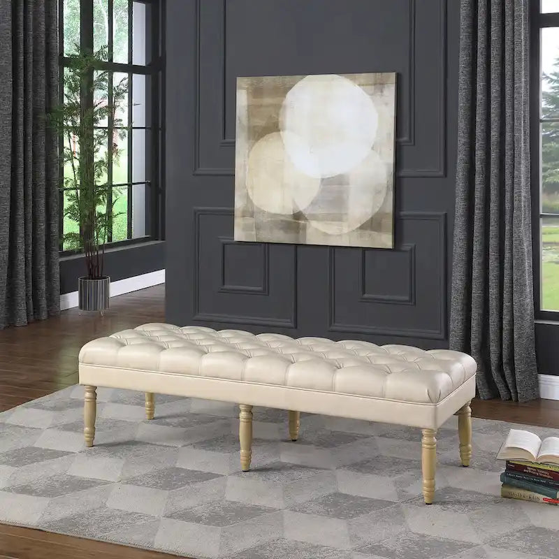 Banc long classique capitonné en similicuir coloris amande, pieds en bois, 6 points de support, bout de lit