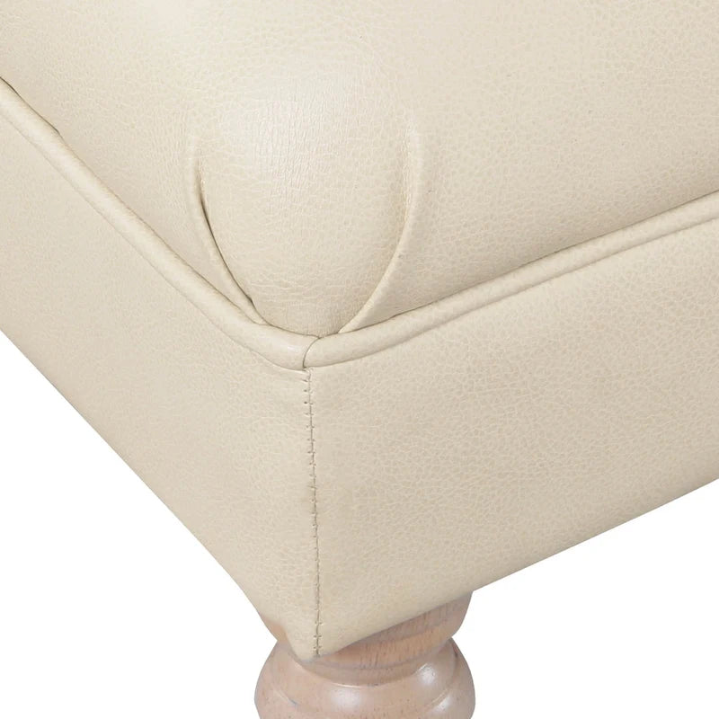 Banc long classique capitonné en similicuir coloris amande, pieds en bois, 6 points de support, bout de lit
