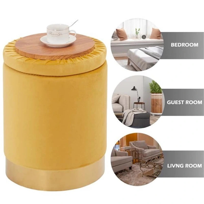 Pouf de rangement rond en velours gingembre avec garniture dorée, couvercle amovible, tabouret repose-pieds