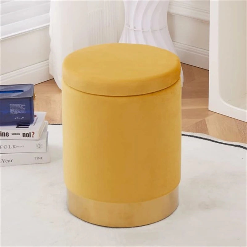 Pouf de rangement rond en velours gingembre avec garniture dorée, couvercle amovible, tabouret repose-pieds