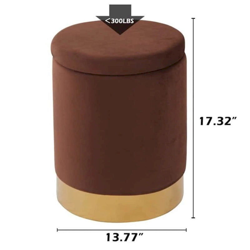 Pouf de rangement rond en velours gingembre avec garniture dorée, couvercle amovible, tabouret repose-pieds