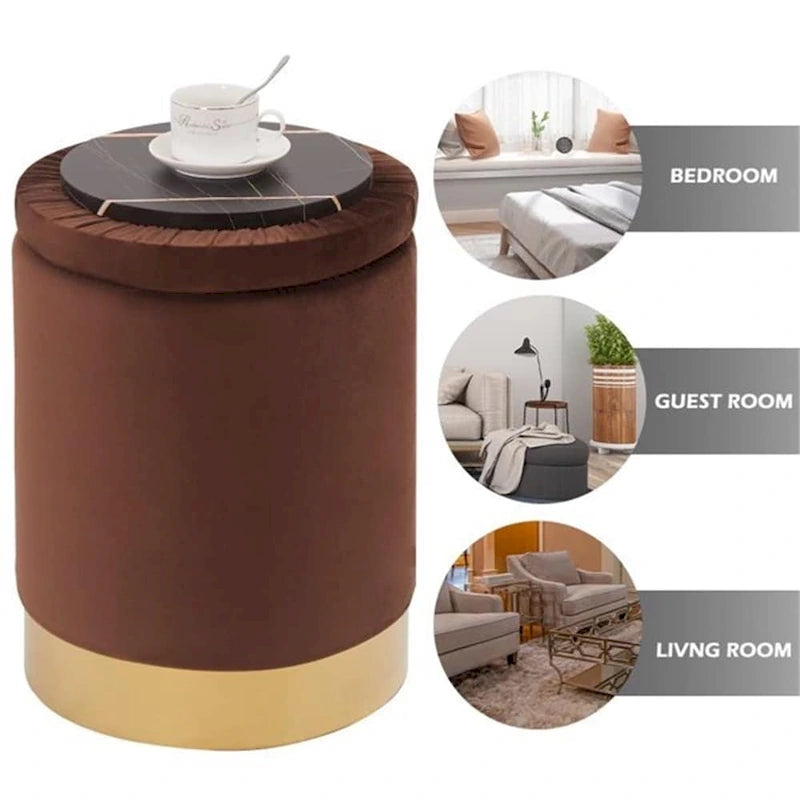 Pouf de rangement rond en velours gingembre avec garniture dorée, couvercle amovible, tabouret repose-pieds