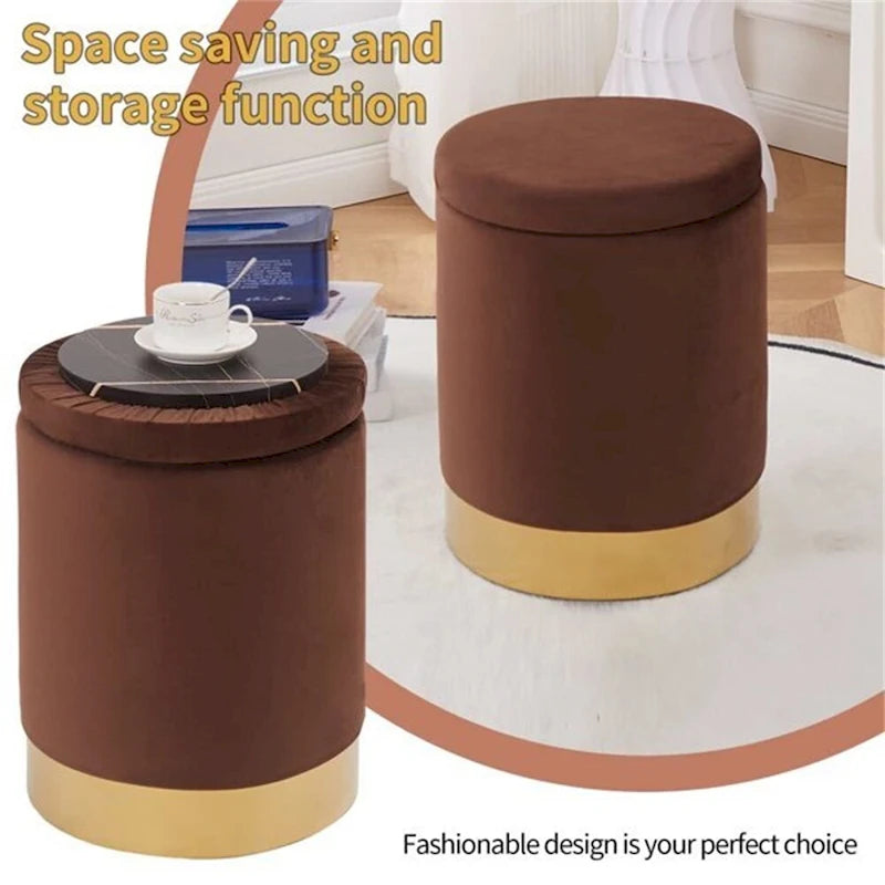 Pouf de rangement rond en velours gingembre avec garniture dorée, couvercle amovible, tabouret repose-pieds