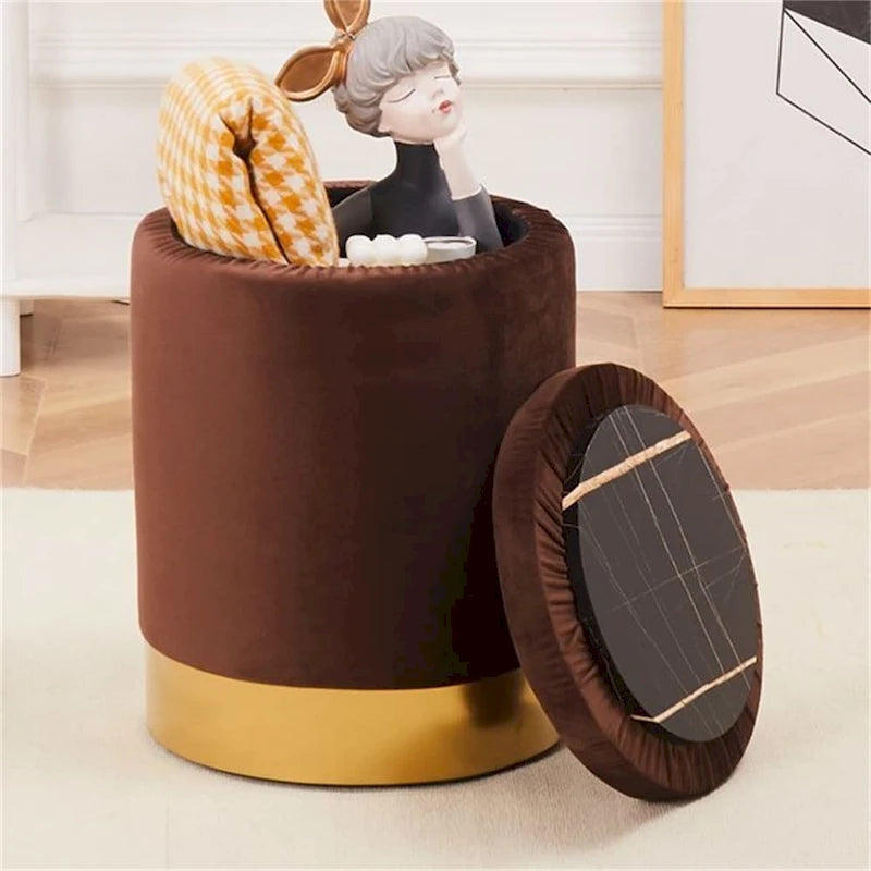 Pouf de rangement rond en velours gingembre avec garniture dorée, couvercle amovible, tabouret repose-pieds