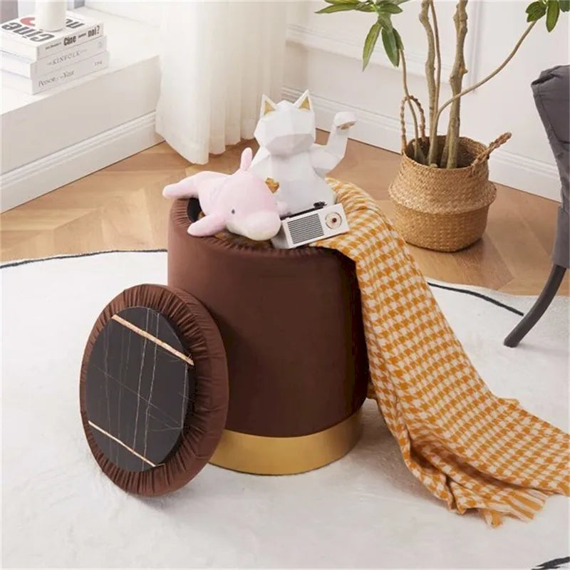 Pouf de rangement rond en velours gingembre avec garniture dorée, couvercle amovible, tabouret repose-pieds