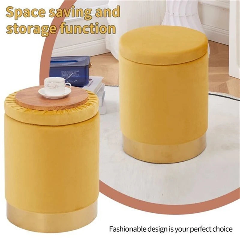 Pouf de rangement rond en velours gingembre avec garniture dorée, couvercle amovible, tabouret repose-pieds