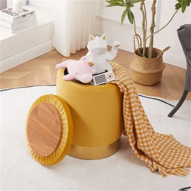 Pouf de rangement rond en velours gingembre avec garniture dorée, couvercle amovible, tabouret repose-pieds