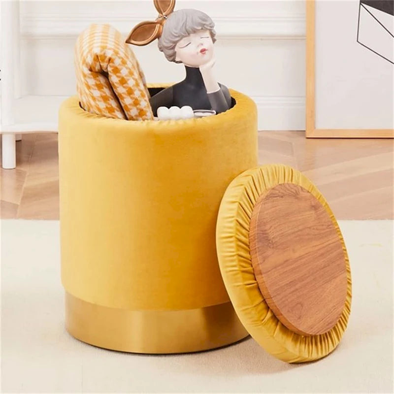 Pouf de rangement rond en velours gingembre avec garniture dorée, couvercle amovible, tabouret repose-pieds