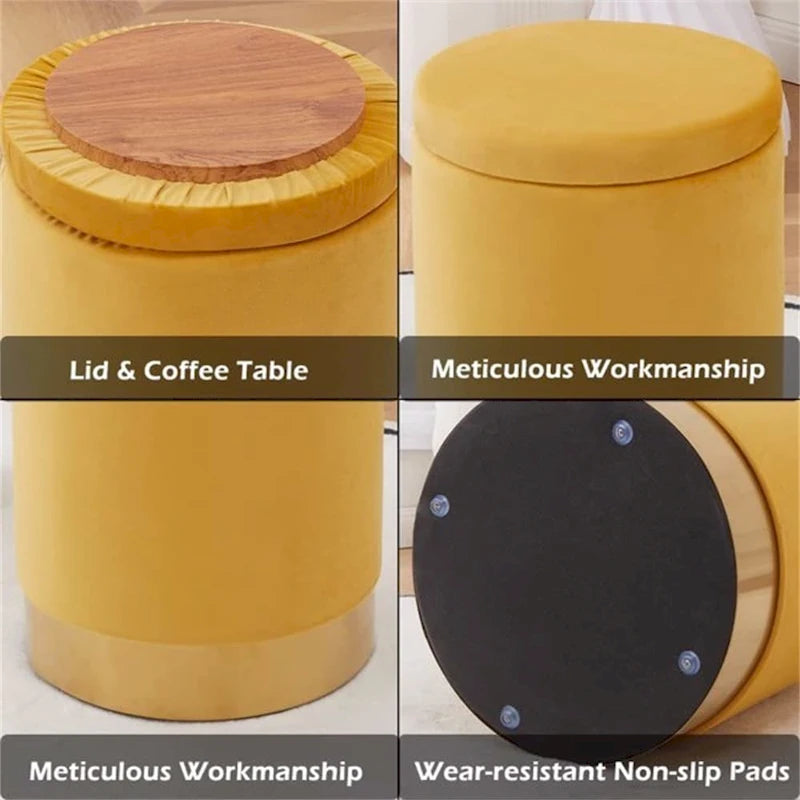 Pouf de rangement rond en velours gingembre avec garniture dorée, couvercle amovible, tabouret repose-pieds