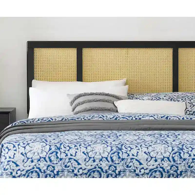 Tête de lit Queen en bois d'hévéa noir, motif canne de fenêtre, hauteur réglable 3 positions