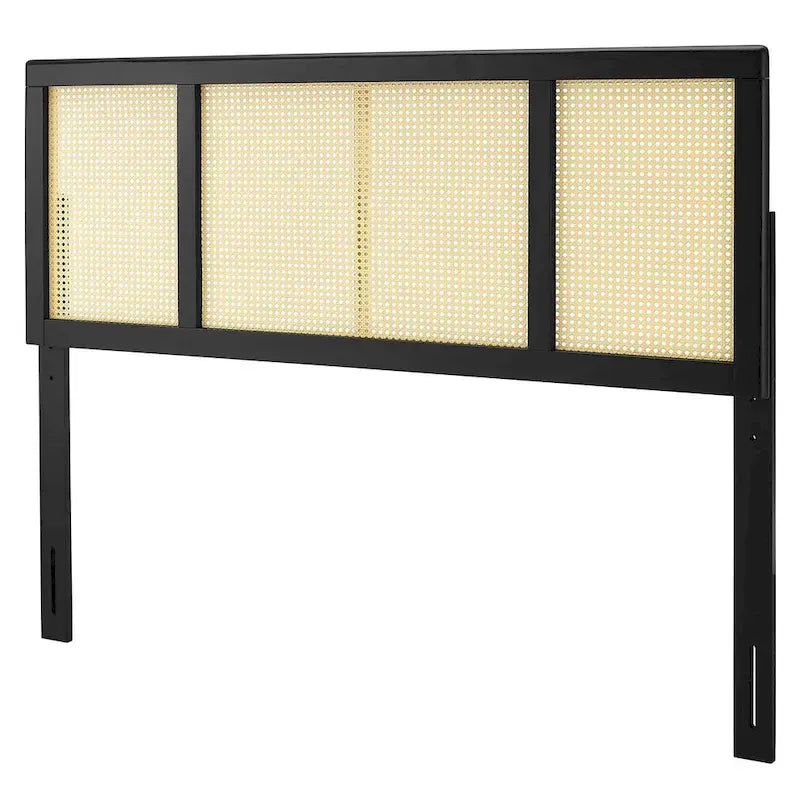 Tête de lit Queen en bois d'hévéa noir, motif canne de fenêtre, hauteur réglable 3 positions