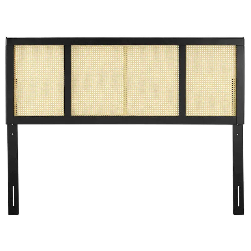 Tête de lit Queen en bois d'hévéa noir, motif canne de fenêtre, hauteur réglable 3 positions