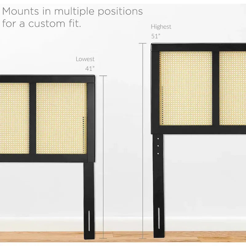 Tête de lit Queen en bois d'hévéa noir, motif canne de fenêtre, hauteur réglable 3 positions