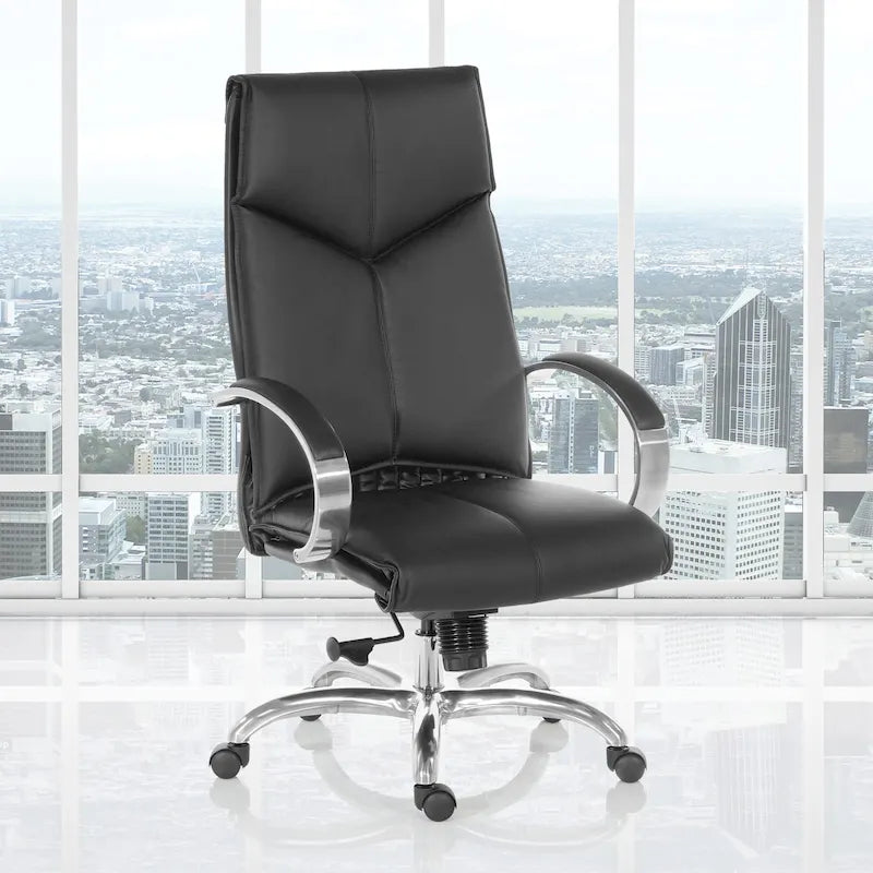Fauteuil de bureau de direction grand dossier en cuir véritable noir avec soutien lombaire