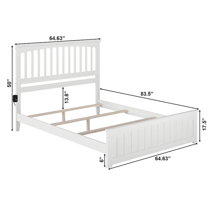 Cadre de lit Queen en bois massif blanc, style mission, pied de lit avec station de recharge, 800 lb