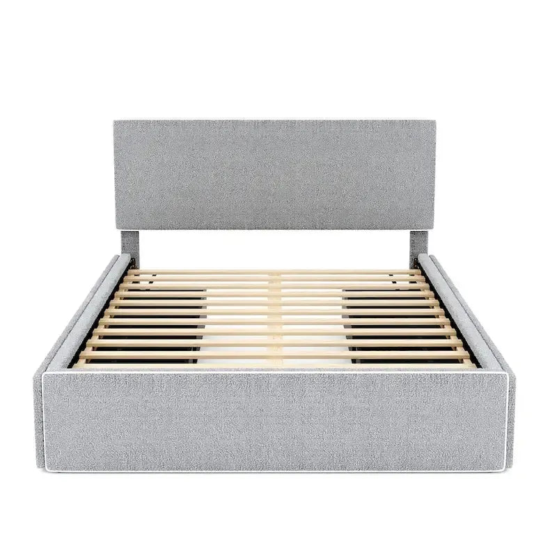 Cadre de lit plateforme double rembourré en molleton blanc avec 4 tiroirs de rangement