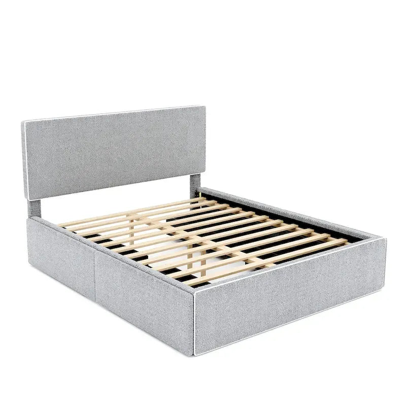 Cadre de lit plateforme double rembourré en molleton blanc avec 4 tiroirs de rangement