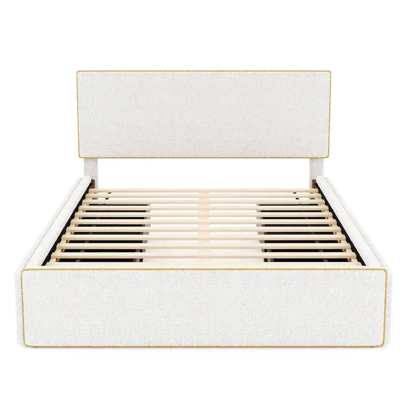 Cadre de lit plateforme double rembourré en molleton blanc avec 4 tiroirs de rangement