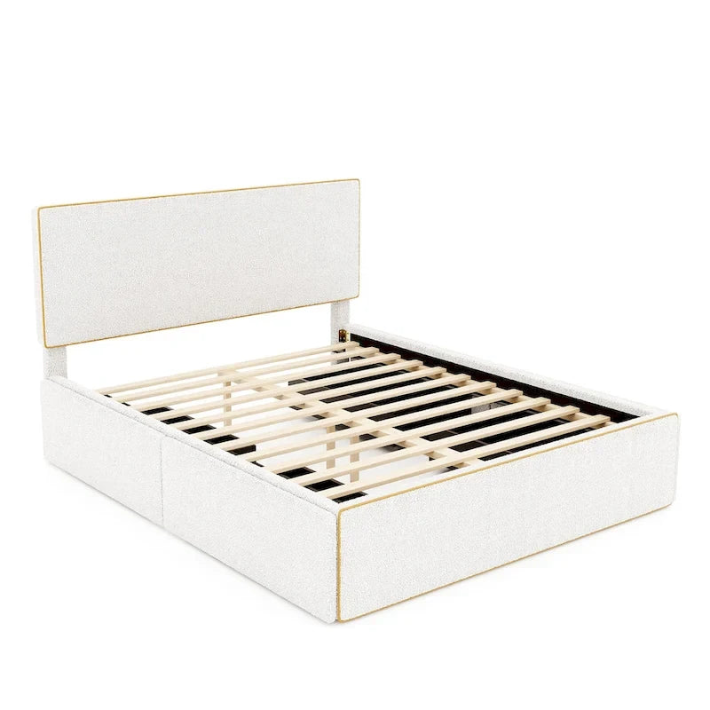 Cadre de lit plateforme double rembourré en molleton blanc avec 4 tiroirs de rangement