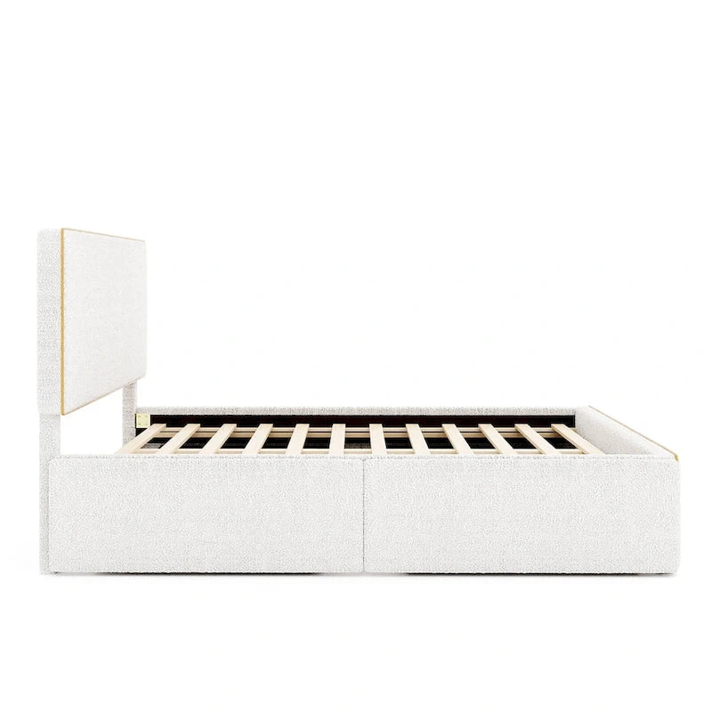 Cadre de lit plateforme double rembourré en molleton blanc avec 4 tiroirs de rangement