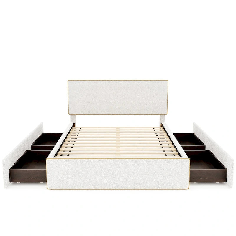 Cadre de lit plateforme double rembourré en molleton blanc avec 4 tiroirs de rangement