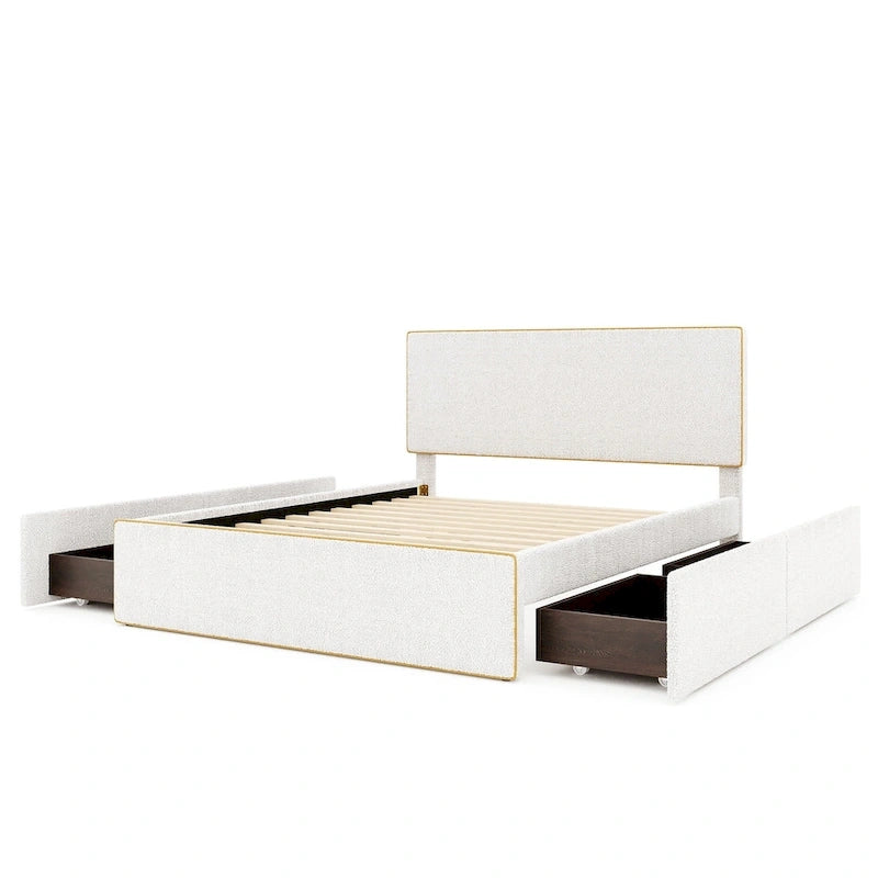 Cadre de lit plateforme double rembourré en molleton blanc avec 4 tiroirs de rangement