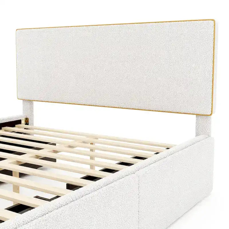 Cadre de lit plateforme double rembourré en molleton blanc avec 4 tiroirs de rangement