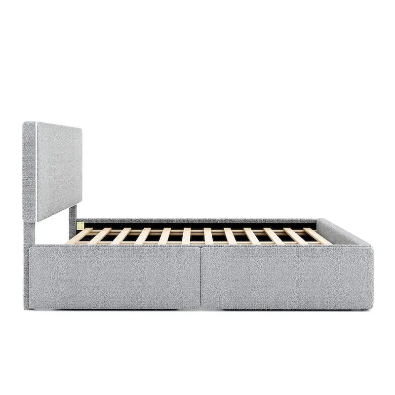 Cadre de lit plateforme double rembourré en molleton blanc avec 4 tiroirs de rangement