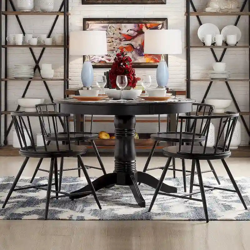 Table de salle à manger ronde noire sur pied, base en bois d'hévéa, style contemporain