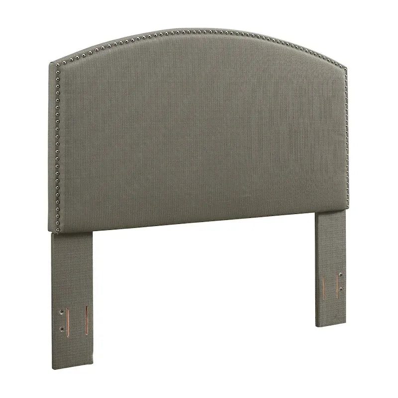 Tête de lit capitonnée incurvée en lin gris Shale pour lit Queen avec garniture cloutée