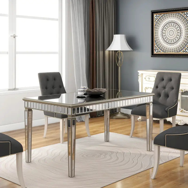 Table à manger rectangulaire 8 places dorée crème miroir avec liseré vintage doré