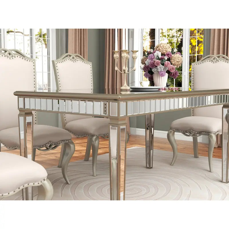 Table à manger rectangulaire 8 places dorée crème miroir avec liseré vintage doré