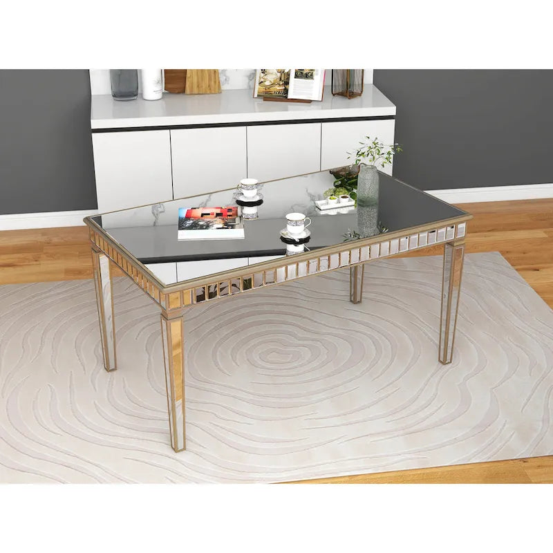 Table à manger rectangulaire 8 places dorée crème miroir avec liseré vintage doré