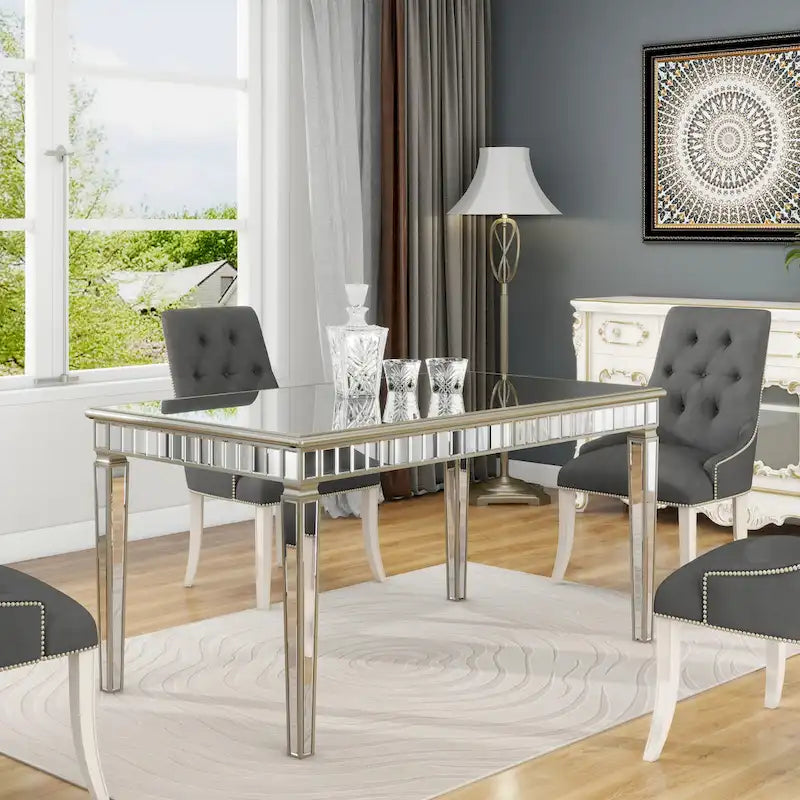 Table à manger rectangulaire 8 places dorée crème miroir avec liseré vintage doré