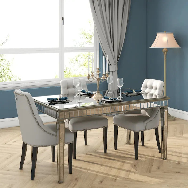Table à manger rectangulaire 8 places dorée crème miroir avec liseré vintage doré