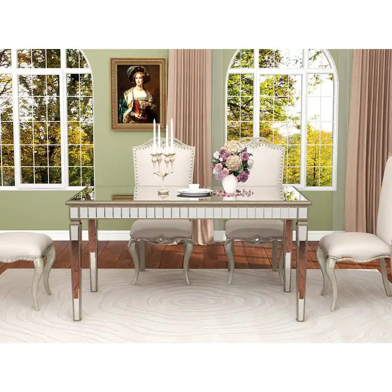 Table à manger rectangulaire 8 places dorée crème miroir avec liseré vintage doré