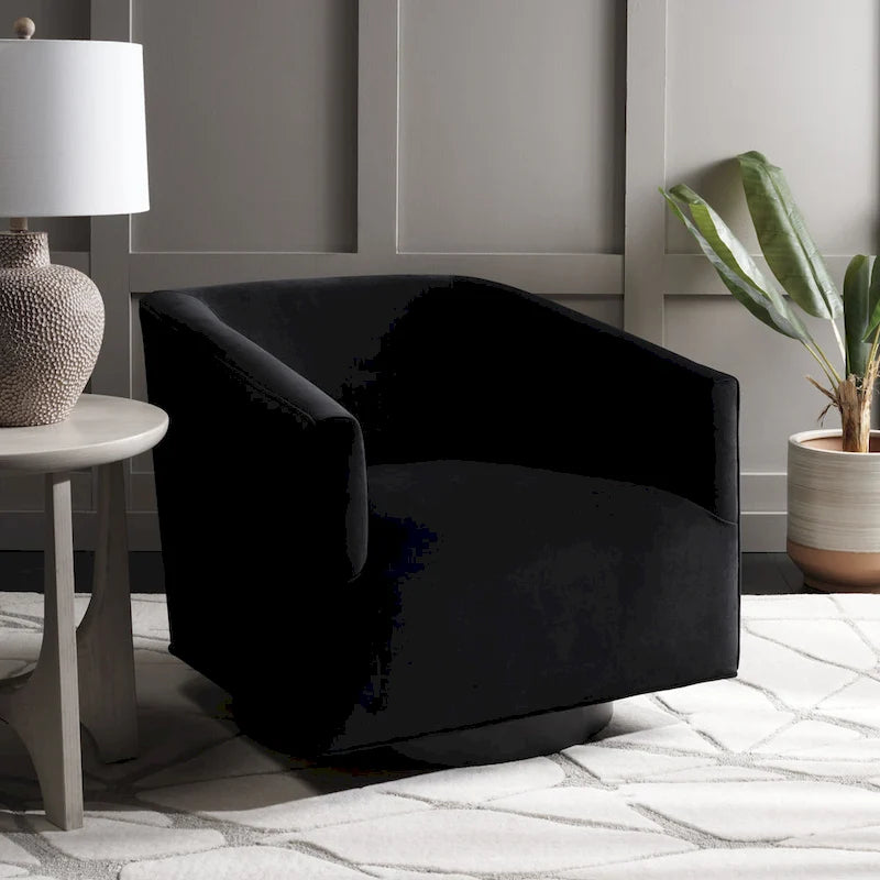 Fauteuil d'appoint pivotant en velours crème Piètement noir Silhouette incurvée contemporaine