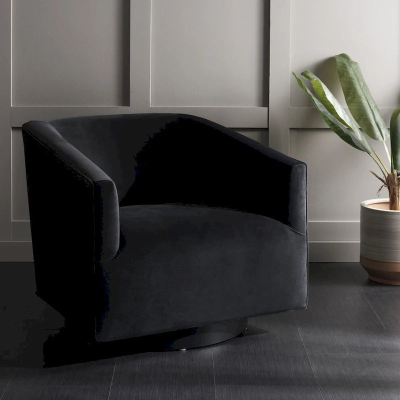 Fauteuil d'appoint pivotant en velours crème Piètement noir Silhouette incurvée contemporaine