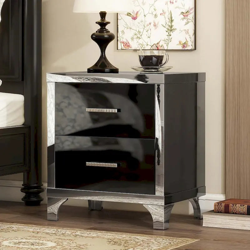 Table de Chevet Noire Laquée avec 2 Tiroirs, Poignées Métalliques, en Aggloméré