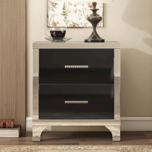 Table de Chevet Noire Laquée avec 2 Tiroirs, Poignées Métalliques, en Aggloméré