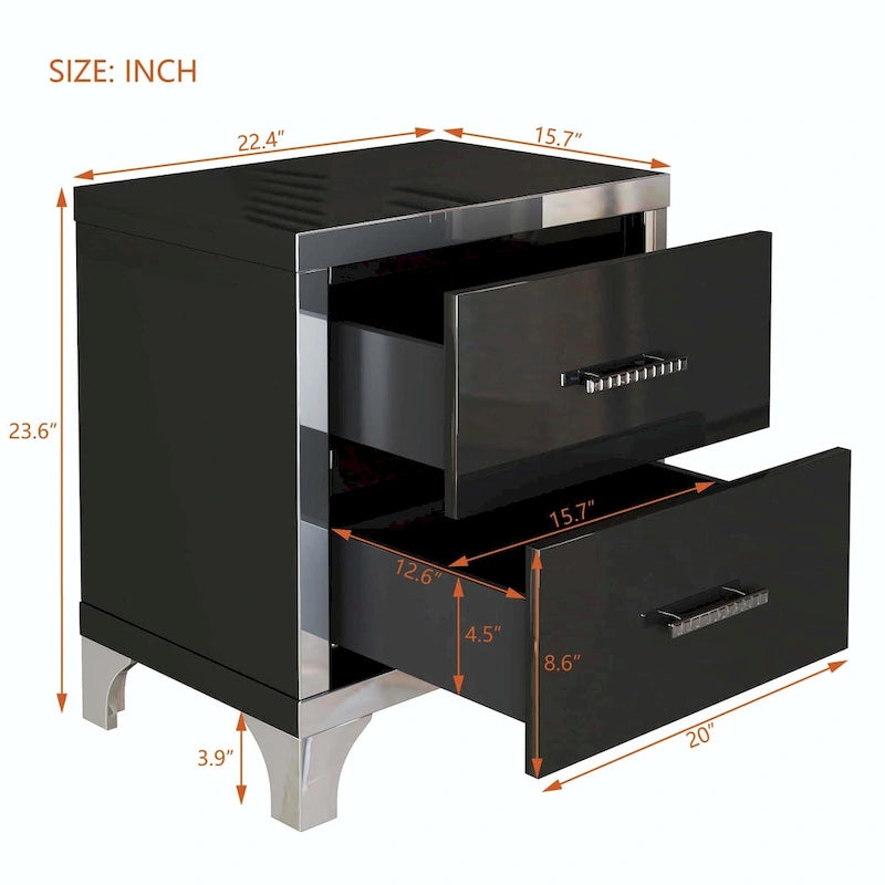 Table de Chevet Noire Laquée avec 2 Tiroirs, Poignées Métalliques, en Aggloméré