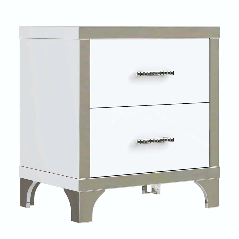 Table de Chevet Noire Laquée avec 2 Tiroirs, Poignées Métalliques, en Aggloméré