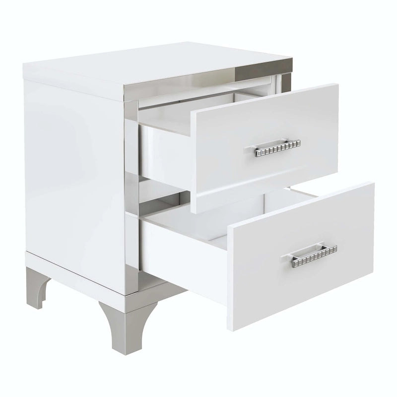 Table de Chevet Noire Laquée avec 2 Tiroirs, Poignées Métalliques, en Aggloméré
