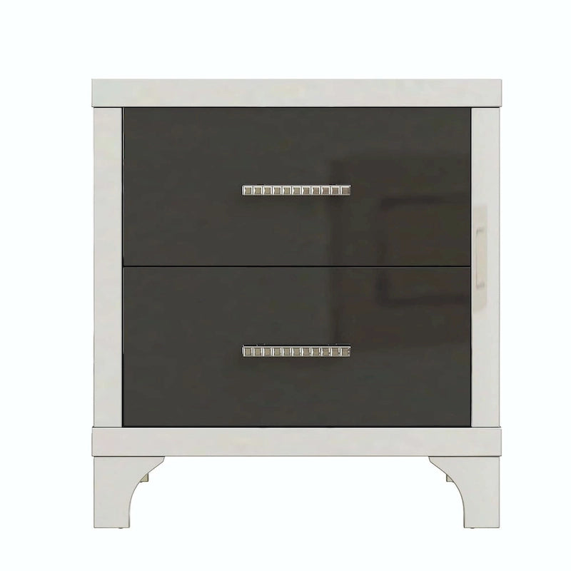 Table de Chevet Noire Laquée avec 2 Tiroirs, Poignées Métalliques, en Aggloméré